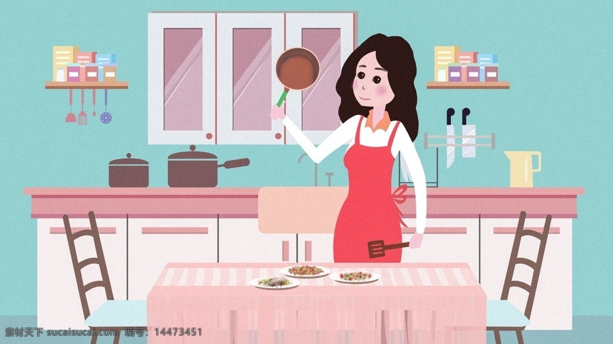 原创 插画 厨房 做饭 女孩 餐厅 小清新 餐具 马卡龙 厨具 橱柜