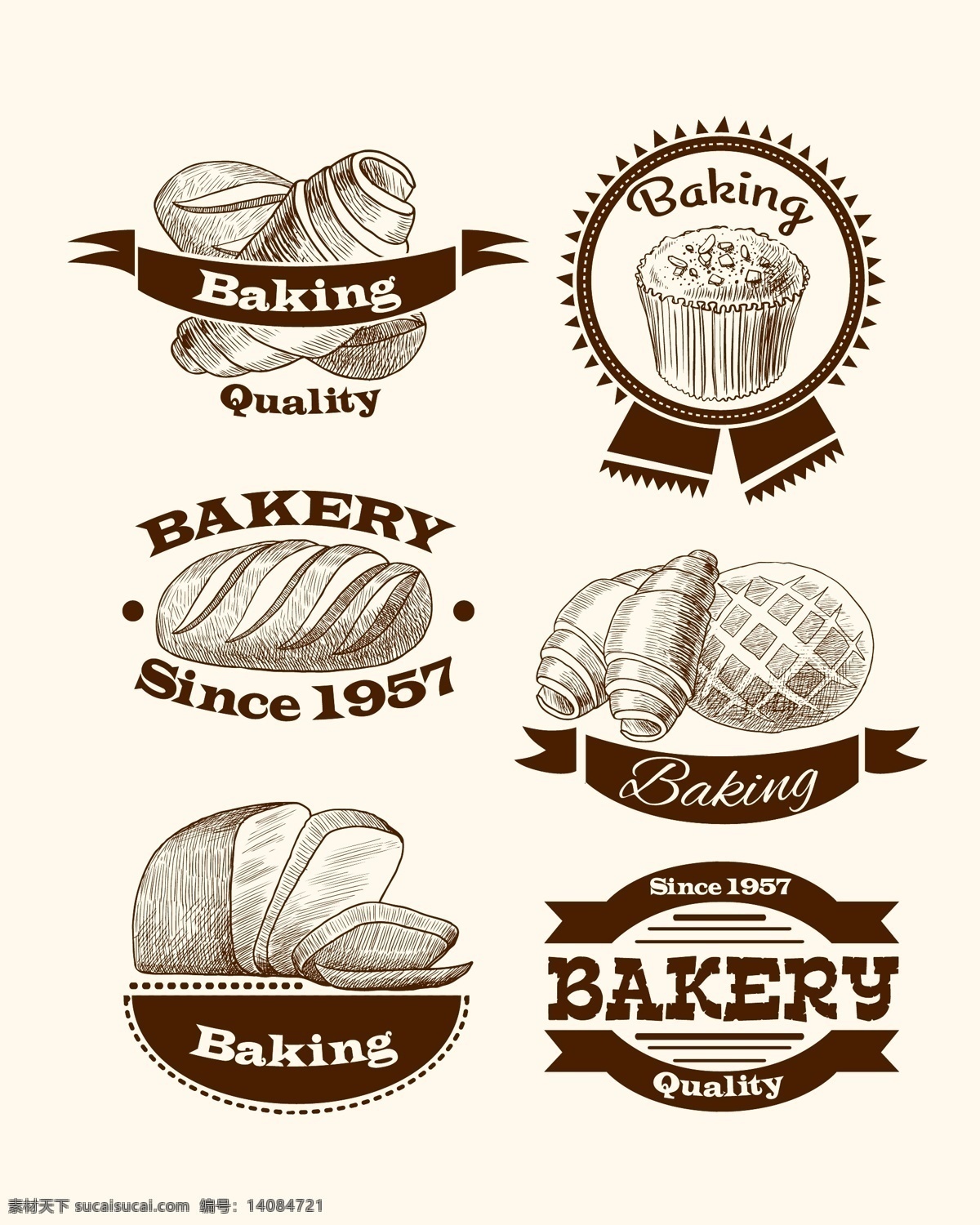 各种 面包 标志 蛋糕 小图标 飘带 英文字 圆形 国外风情 年份 做旧 淡黄色 切片面包 菠萝包 手绘 生活百科 餐饮美食