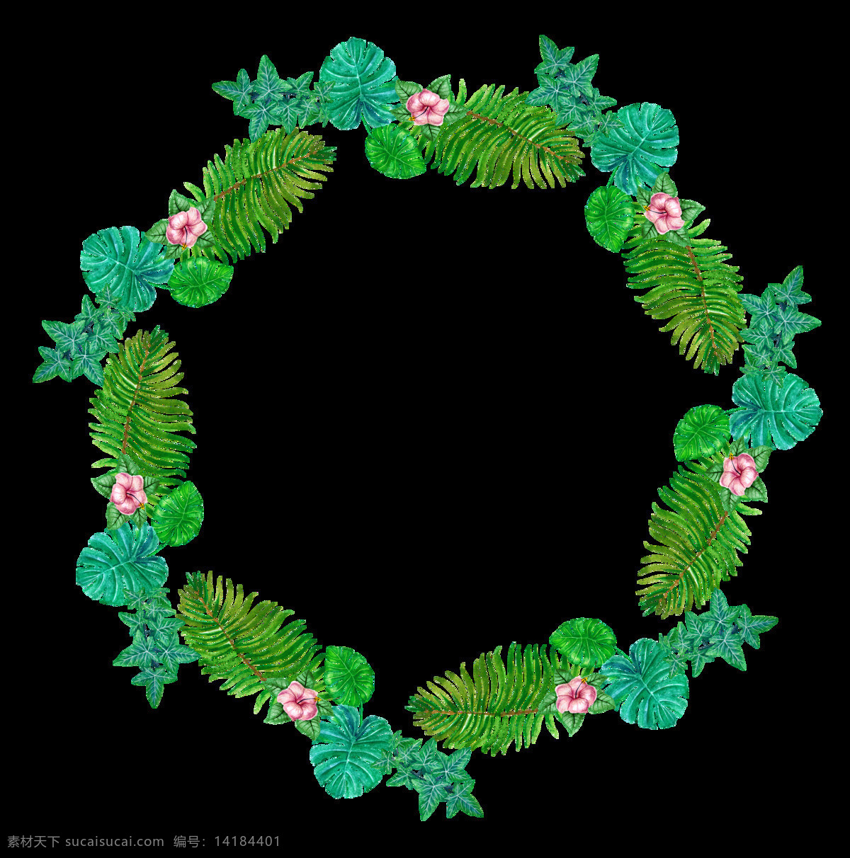 热带 叶子 圆环 透明 粉红色 绿色 免扣素材 水彩 透明素材 小花 装饰图案