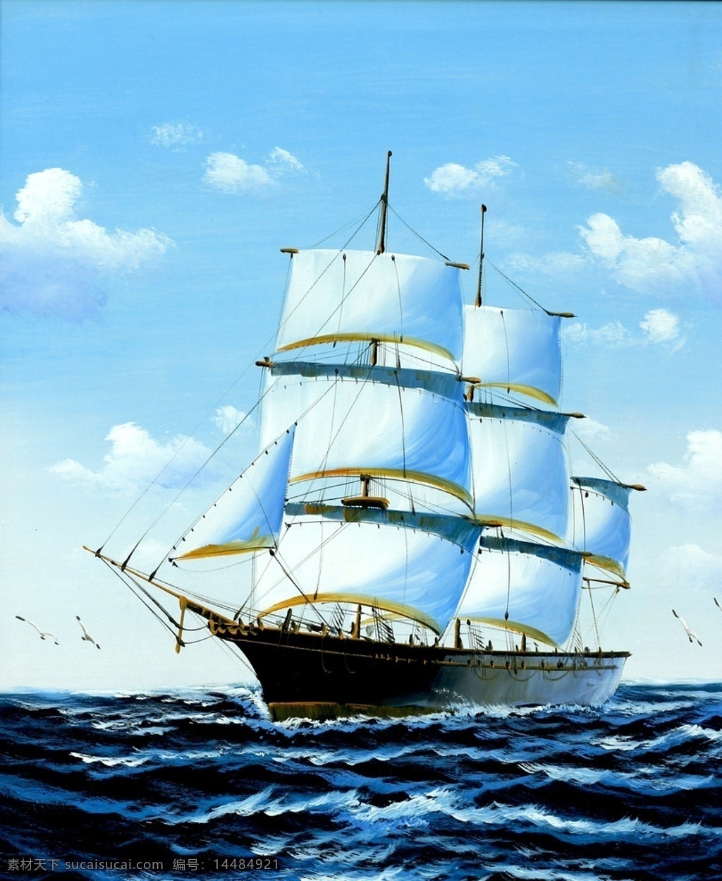 帆船 一帆风顺 古典帆船 蓝天 大海 创作油画 文化艺术 绘画书法
