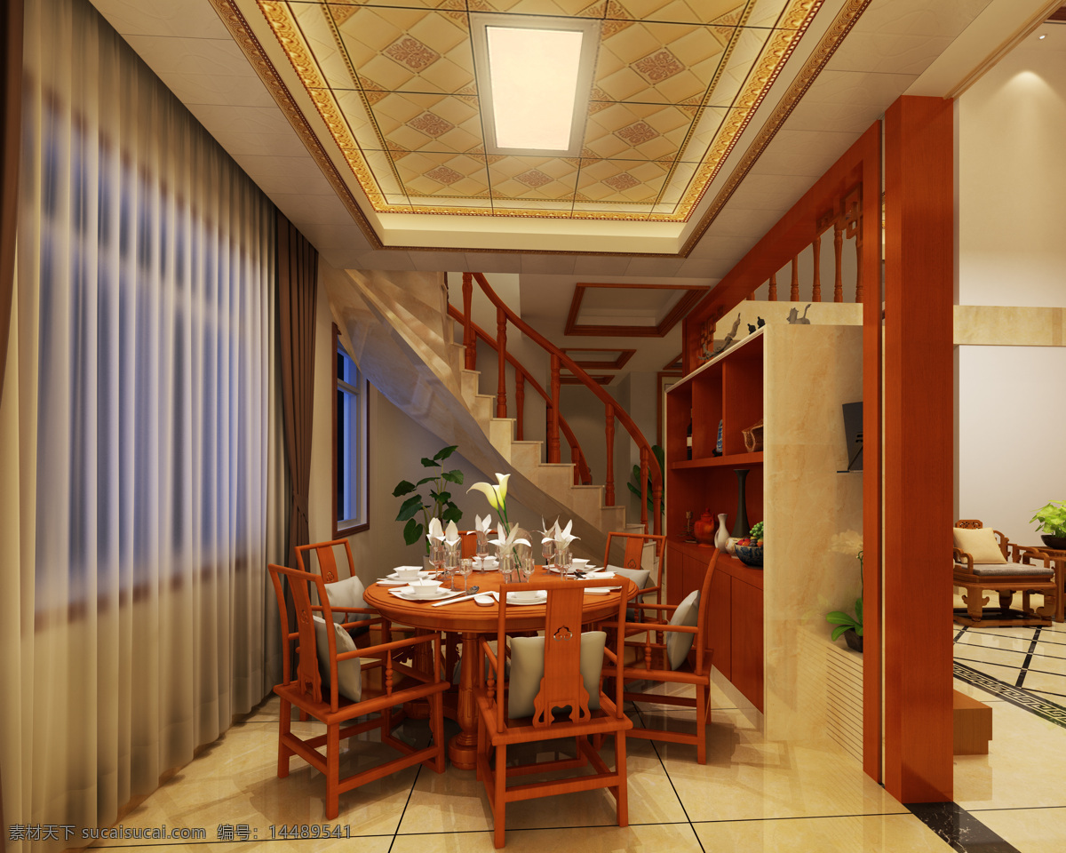 中式 餐厅 效果图 复式楼客厅 红木家具 中式装修 家装 室内效果图 环境设计 室内设计