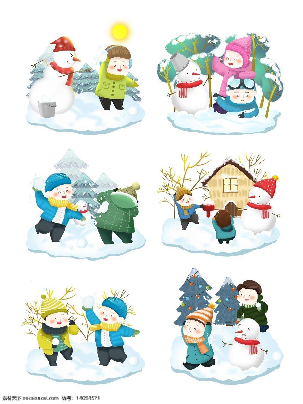 冬季 打雪仗 卡通 儿童 商用 场景 插画 合集 冬天 人物 雪人 可商用 丢雪球 玩闹