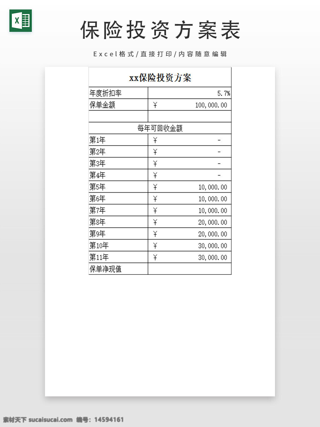 保险 投资 方案 折扣率 保单金额 回收金额 年度 现金流 净现值 财务计划 年收益 金融 理财 保险收益 收益计划 投资回报 资金管理 保险理财 年回报 保险金