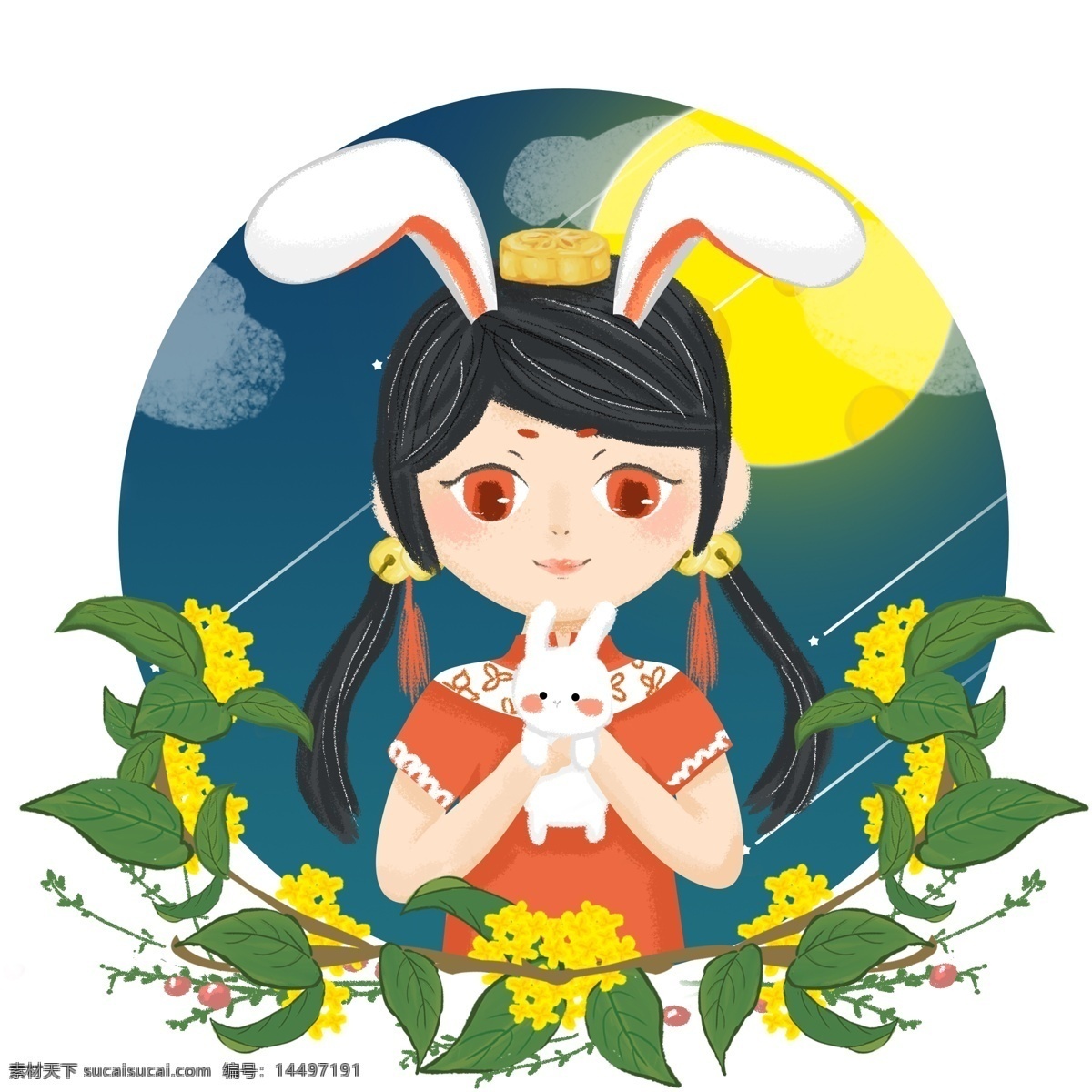 中秋节 玉兔 少女 人物 插画 形象设计 原创 商用 卡通 可爱 手绘 女孩
